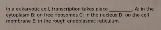 In a eukaryotic cell, transcription takes place __________. A: in the cytoplasm B: on free ribosomes C: in the nucleus D: on the cell membrane E: in the rough endoplasmic reticulum