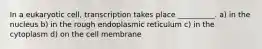 In a eukaryotic cell, transcription takes place __________. a) in the nucleus b) in the rough endoplasmic reticulum c) in the cytoplasm d) on the cell membrane