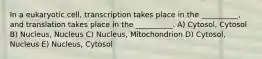 In a eukaryotic cell, transcription takes place in the __________, and translation takes place in the __________. A) Cytosol, Cytosol B) Nucleus, Nucleus C) Nucleus, Mitochondrion D) Cytosol, Nucleus E) Nucleus, Cytosol