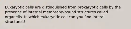 Eukaryotic cells are distinguished from prokaryotic cells by the presence of internal membrane-bound structures called organells. In which eukaryotic cell can you find interal structures?