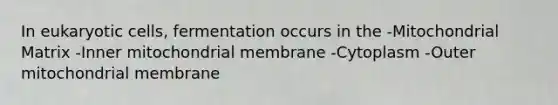 In eukaryotic cells, fermentation occurs in the -Mitochondrial Matrix -Inner mitochondrial membrane -Cytoplasm -Outer mitochondrial membrane