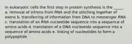 In eukaryotic cells the first step in protein synthesis is the _____. a. removal of introns from RNA and the stitching together of exons b. transferring of information from DNA to messenger RNA c. translation of an RNA nucleotide sequence into a sequence of amino acids d. translation of a DNA nucleotide sequence into a sequence of amino acids e. linking of nucleotides to form a polypeptide