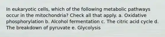 In eukaryotic cells, which of the following metabolic pathways occur in the mitochondria? Check all that apply. a. Oxidative phosphorylation b. Alcohol fermentation c. The citric acid cycle d. The breakdown of pyruvate e. Glycolysis