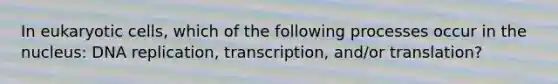 In <a href='https://www.questionai.com/knowledge/kb526cpm6R-eukaryotic-cells' class='anchor-knowledge'>eukaryotic cells</a>, which of the following processes occur in the nucleus: <a href='https://www.questionai.com/knowledge/kofV2VQU2J-dna-replication' class='anchor-knowledge'>dna replication</a>, transcription, and/or translation?
