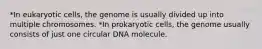 *In eukaryotic cells, the genome is usually divided up into multiple chromosomes. *In prokaryotic cells, the genome usually consists of just one circular DNA molecule.