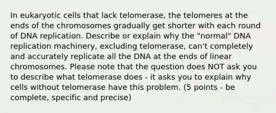 In eukaryotic cells that lack telomerase, the telomeres at the ends of the chromosomes gradually get shorter with each round of DNA replication. Describe or explain why the "normal" DNA replication machinery, excluding telomerase, can't completely and accurately replicate all the DNA at the ends of linear chromosomes. Please note that the question does NOT ask you to describe what telomerase does - it asks you to explain why cells without telomerase have this problem. (5 points - be complete, specific and precise)