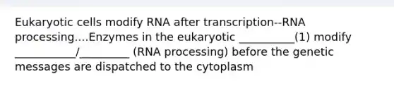 Eukaryotic cells modify RNA after transcription--RNA processing....Enzymes in the eukaryotic __________(1) modify ___________/_________ (RNA processing) before the genetic messages are dispatched to the cytoplasm