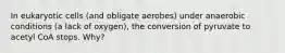 In eukaryotic cells (and obligate aerobes) under anaerobic conditions (a lack of oxygen), the conversion of pyruvate to acetyl CoA stops. Why?