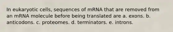 In eukaryotic cells, sequences of mRNA that are removed from an mRNA molecule before being translated are a. exons. b. anticodons. c. proteomes. d. terminators. e. introns.