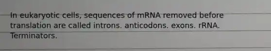 In eukaryotic cells, sequences of mRNA removed before translation are called introns. anticodons. exons. rRNA. Terminators.