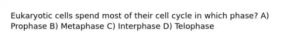 Eukaryotic cells spend most of their cell cycle in which phase? A) Prophase B) Metaphase C) Interphase D) Telophase