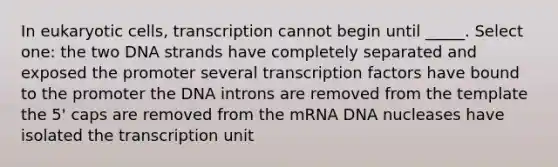 In eukaryotic cells, transcription cannot begin until _____. Select one: the two DNA strands have completely separated and exposed the promoter several transcription factors have bound to the promoter the DNA introns are removed from the template the 5' caps are removed from the mRNA DNA nucleases have isolated the transcription unit