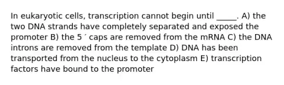 In eukaryotic cells, transcription cannot begin until _____. A) the two DNA strands have completely separated and exposed the promoter B) the 5 ′ caps are removed from the mRNA C) the DNA introns are removed from the template D) DNA has been transported from the nucleus to the cytoplasm E) transcription factors have bound to the promoter