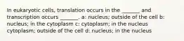 In eukaryotic cells, translation occurs in the _______ and transcription occurs _______. a: nucleus; outside of the cell b: nucleus; in the cytoplasm c: cytoplasm; in the nucleus cytoplasm; outside of the cell d: nucleus; in the nucleus