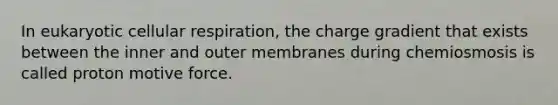 In eukaryotic cellular respiration, the charge gradient that exists between the inner and outer membranes during chemiosmosis is called proton motive force.