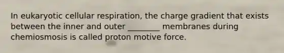 In eukaryotic cellular respiration, the charge gradient that exists between the inner and outer ________ membranes during chemiosmosis is called proton motive force.