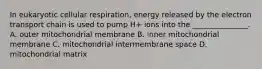 In eukaryotic cellular respiration, energy released by the electron transport chain is used to pump H+ ions into the _______________. A. outer mitochondrial membrane B. inner mitochondrial membrane C. mitochondrial intermembrane space D. mitochondrial matrix