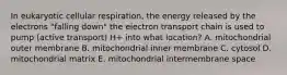 In eukaryotic cellular respiration, the energy released by the electrons "falling down" the electron transport chain is used to pump (active transport) H+ into what location? A. mitochondrial outer membrane B. mitochondrial inner membrane C. cytosol D. mitochondrial matrix E. mitochondrial intermembrane space