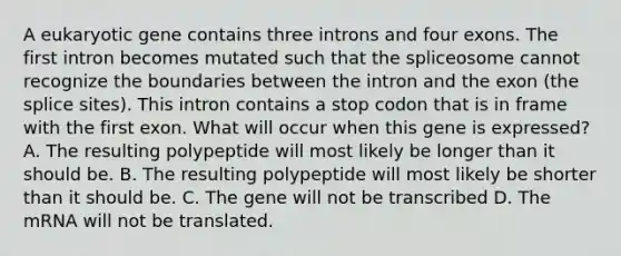 A eukaryotic gene contains three introns and four exons. The first intron becomes mutated such that the spliceosome cannot recognize the boundaries between the intron and the exon (the splice sites). This intron contains a stop codon that is in frame with the first exon. What will occur when this gene is expressed? A. The resulting polypeptide will most likely be longer than it should be. B. The resulting polypeptide will most likely be shorter than it should be. C. The gene will not be transcribed D. The mRNA will not be translated.