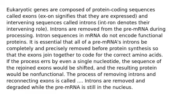 Eukaryotic genes are composed of protein-coding sequences called exons (ex-on signifies that they are expressed) and intervening sequences called introns (int-ron denotes their intervening role). Introns are removed from the pre-mRNA during processing. Intron sequences in mRNA do not encode functional proteins. It is essential that all of a pre-mRNA's introns be completely and precisely removed before protein synthesis so that the exons join together to code for the correct amino acids. If the process errs by even a single nucleotide, the sequence of the rejoined exons would be shifted, and the resulting protein would be nonfunctional. The process of removing introns and reconnecting exons is called .... Introns are removed and degraded while the pre-mRNA is still in the nucleus.