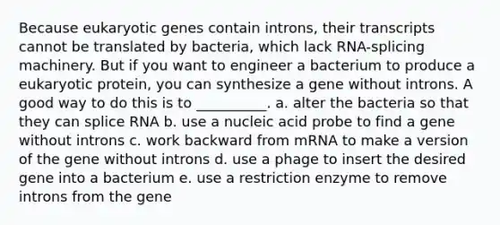 Because eukaryotic genes contain introns, their transcripts cannot be translated by bacteria, which lack RNA-splicing machinery. But if you want to engineer a bacterium to produce a eukaryotic protein, you can synthesize a gene without introns. A good way to do this is to __________. a. alter the bacteria so that they can splice RNA b. use a nucleic acid probe to find a gene without introns c. work backward from mRNA to make a version of the gene without introns d. use a phage to insert the desired gene into a bacterium e. use a restriction enzyme to remove introns from the gene