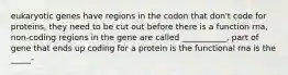 eukaryotic genes have regions in the codon that don't code for proteins, they need to be cut out before there is a function rna, non-coding regions in the gene are called ___________, part of gene that ends up coding for a protein is the functional rna is the _____-