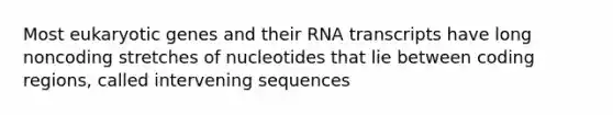 Most eukaryotic genes and their RNA transcripts have long noncoding stretches of nucleotides that lie between coding regions, called intervening sequences