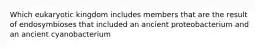 Which eukaryotic kingdom includes members that are the result of endosymbioses that included an ancient proteobacterium and an ancient cyanobacterium