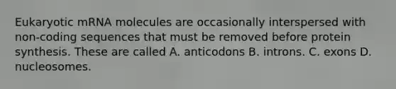 Eukaryotic mRNA molecules are occasionally interspersed with non-coding sequences that must be removed before protein synthesis. These are called A. anticodons B. introns. C. exons D. nucleosomes.