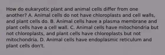 How do eukaryotic plant and animal cells differ from one another? A. Animal cells do not have chloroplasts and cell walls, and plant cells do. B. Animal cells have a plasma membrane and plant cells have a cell wall. C. Animal cells have mitochondria but not chloroplasts, and plant cells have chloroplasts but not mitochondria. D. Animal cells have endoplasmic reticulum and plant cells don't.