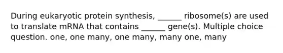 During eukaryotic protein synthesis, ______ ribosome(s) are used to translate mRNA that contains ______ gene(s). Multiple choice question. one, one many, one many, many one, many