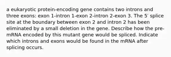 a eukaryotic protein-encoding gene contains two introns and three exons: exon 1-intron 1-exon 2-intron 2-exon 3. The 5′ splice site at the boundary between exon 2 and intron 2 has been eliminated by a small deletion in the gene. Describe how the pre-mRNA encoded by this mutant gene would be spliced. Indicate which introns and exons would be found in the mRNA after splicing occurs.