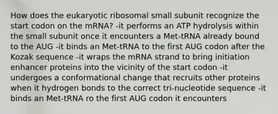 How does the eukaryotic ribosomal small subunit recognize the start codon on the mRNA? -it performs an ATP hydrolysis within the small subunit once it encounters a Met-tRNA already bound to the AUG -it binds an Met-tRNA to the first AUG codon after the Kozak sequence -it wraps the mRNA strand to bring initiation enhancer proteins into the vicinity of the start codon -it undergoes a conformational change that recruits other proteins when it hydrogen bonds to the correct tri-nucleotide sequence -it binds an Met-tRNA ro the first AUG codon it encounters