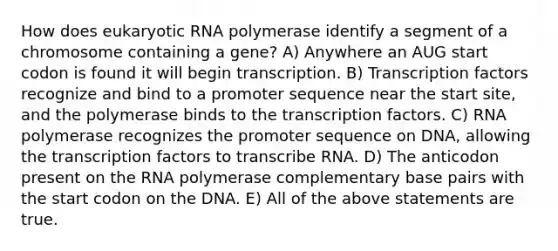 How does eukaryotic RNA polymerase identify a segment of a chromosome containing a gene? A) Anywhere an AUG start codon is found it will begin transcription. B) Transcription factors recognize and bind to a promoter sequence near the start site, and the polymerase binds to the transcription factors. C) RNA polymerase recognizes the promoter sequence on DNA, allowing the transcription factors to transcribe RNA. D) The anticodon present on the RNA polymerase complementary base pairs with the start codon on the DNA. E) All of the above statements are true.