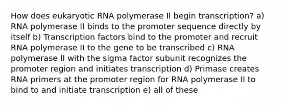 How does eukaryotic RNA polymerase II begin transcription? a) RNA polymerase II binds to the promoter sequence directly by itself b) Transcription factors bind to the promoter and recruit RNA polymerase II to the gene to be transcribed c) RNA polymerase II with the sigma factor subunit recognizes the promoter region and initiates transcription d) Primase creates RNA primers at the promoter region for RNA polymerase II to bind to and initiate transcription e) all of these