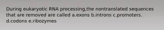 During eukaryotic RNA processing,the nontranslated sequences that are removed are called a.exons b.introns c.promoters. d.codons e.ribozymes