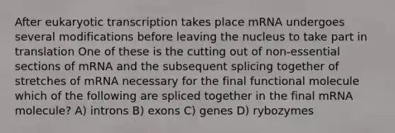 After eukaryotic transcription takes place mRNA undergoes several modifications before leaving the nucleus to take part in translation One of these is the cutting out of non-essential sections of mRNA and the subsequent splicing together of stretches of mRNA necessary for the final functional molecule which of the following are spliced together in the final mRNA molecule? A) introns B) exons C) genes D) rybozymes