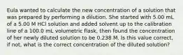 Eula wanted to calculate the new concentration of a solution that was prepared by performing a dilution. She started with 5.00 mL of a 5.00 M HCl solution and added solvent up to the calibration line of a 100.0 mL volumetric flask, then found the concentration of her newly diluted solution to be 0.238 M. Is this value correct, if not, what is the correct concentration of the diluted solution?