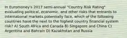 In Euromoney's 2017 semi-annual "Country Risk Rating" evaluating political, economic, and other risks that entrants to international markets potentially face, which of the following countries have the next to the highest country financial system risk? A) South Africa and Canada B) Singapore and China C) Argentina and Bahrain D) Kazakhstan and Russia