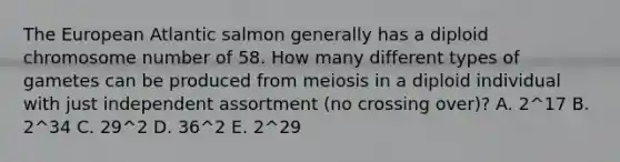 The European Atlantic salmon generally has a diploid chromosome number of 58. How many different types of gametes can be produced from meiosis in a diploid individual with just independent assortment (no crossing over)? A. 2^17 B. 2^34 C. 29^2 D. 36^2 E. 2^29