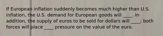 If European inflation suddenly becomes much higher than U.S. inflation, the U.S. demand for European goods will ____. In addition, the supply of euros to be sold for dollars will ____; both forces will place ____ pressure on the value of the euro.