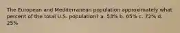 The European and Mediterranean population approximately what percent of the total U.S. population? a. 53% b. 65% c. 72% d. 25%