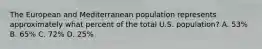 The European and Mediterranean population represents approximately what percent of the total U.S. population? A. 53% B. 65% C. 72% D. 25%