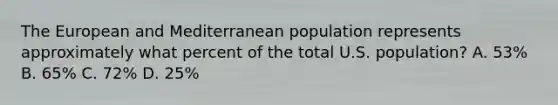 The European and Mediterranean population represents approximately what percent of the total U.S. population? A. 53% B. 65% C. 72% D. 25%