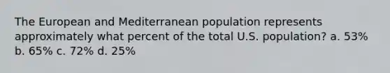 The European and Mediterranean population represents approximately what percent of the total U.S. population? a. 53% b. 65% c. 72% d. 25%