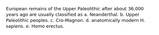 European remains of the Upper Paleolithic after about 36,000 years ago are usually classified as a. Neanderthal. b. Upper Paleolithic peoples. c. Cro-Magnon. d. anatomically modern H. sapiens. e. Homo erectus.