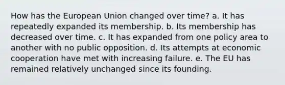 How has the European Union changed over time? a. It has repeatedly expanded its membership. b. Its membership has decreased over time. c. It has expanded from one policy area to another with no public opposition. d. Its attempts at economic cooperation have met with increasing failure. e. The EU has remained relatively unchanged since its founding.