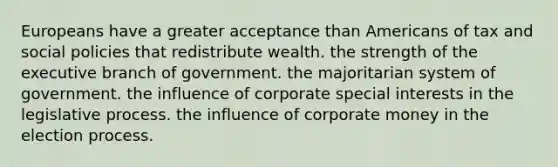 Europeans have a greater acceptance than Americans of tax and social policies that redistribute wealth. the strength of the executive branch of government. the majoritarian system of government. the influence of corporate special interests in the legislative process. the influence of corporate money in the election process.