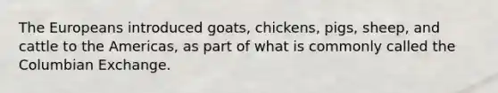 The Europeans introduced goats, chickens, pigs, sheep, and cattle to the Americas, as part of what is commonly called the Columbian Exchange.