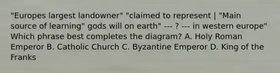 "Europes largest landowner" "claimed to represent | "Main source of learning" gods will on earth" --- ? --- in western europe" Which phrase best completes the diagram? A. Holy Roman Emperor B. Catholic Church C. Byzantine Emperor D. King of the Franks